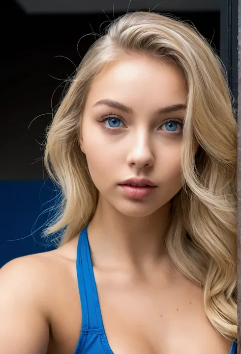 Femme suédoise blonde, fille sexy aux yeux bleus, ultra réaliste, Méticuleusement détaillé, portrait sophie mudd, cheveux blonds et grands yeux, selfie d&#39;une jeune femme, fond de grande hauteur, suite blanche, avec du maquillage, Maquillage naturel, Re...