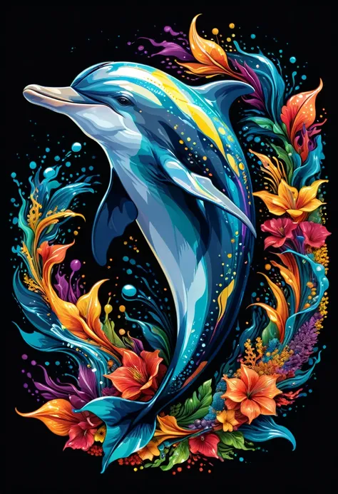 vector art of a colorful dolphin illustration, high detail, black background
(artwork, best quality, professional, perfect compo...