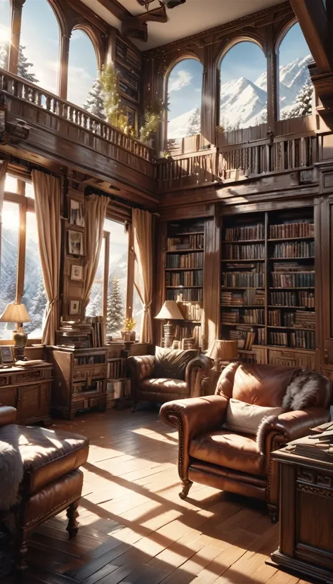 A large library with a large window overlooking snow-capped mountains, intricate bookshelves filled with ancient tomes, cozy reading nook, sun streaming through the window, warm lighting, wooden furniture, (best quality,8k,highres,masterpiece:1.2),ultra-de...