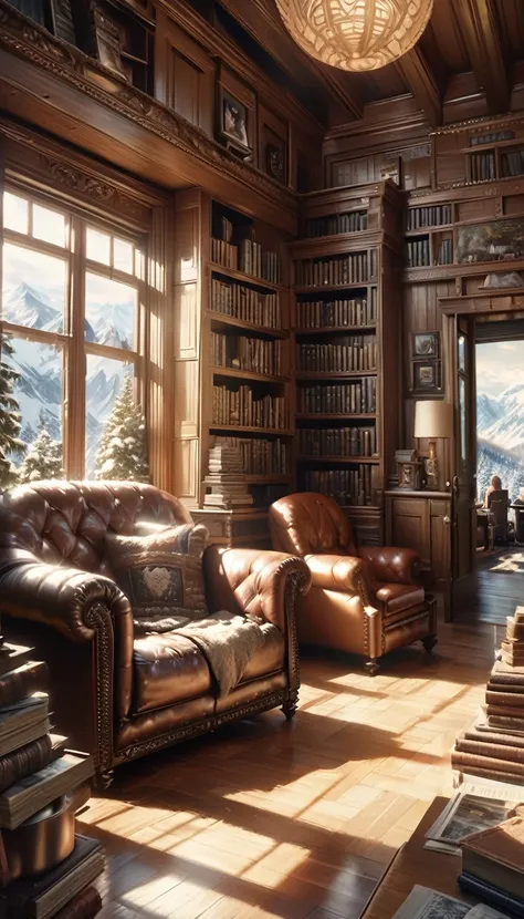 A large library with a large window overlooking snow-capped mountains, intricate bookshelves filled with ancient tomes, cozy reading nook, sun streaming through the window, warm lighting, wooden furniture, (best quality,8k,highres,masterpiece:1.2),ultra-de...