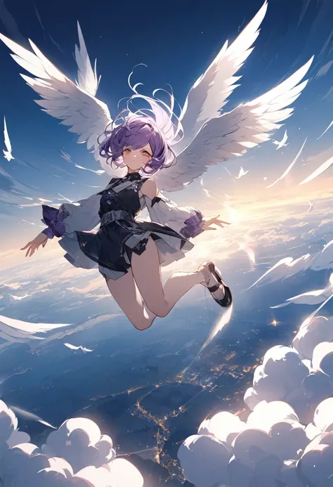 I want only one wing to fly. 
Then i can glide all over the world.
the color is silver.
hair style is short.
hair color is dark purple.
looks like Russian girl.
situation are flying alound the world.
real girl.
