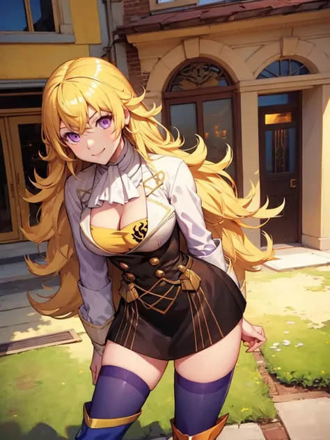 (Masterpiece), (super detailed), blonde hair, long hair, purple eyes, smile, large breasts, (cleavage), garreg mach uniform, yang xiao long