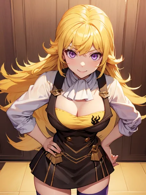 (Masterpiece), (super detailed), blonde hair, long hair, purple eyes, smile, large breasts, (cleavage), garreg mach uniform, yang xiao long