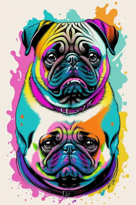 A chubby pug depicted in Pop Art style by the skilled hand of Carne Griffiths, high resolution and carefully detailed, with vibrant colors that pop, centered in the frame for a bold and striking presentation.