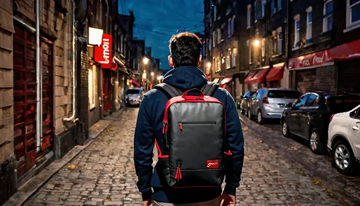 Ifood delivery man, large Ifood thermal backpack on his back, he has his back to the camera, right corner of the screen, sinister night, dark street, suspenseful atmosphere