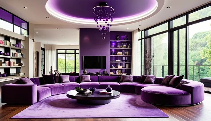 Design a luxurious and modern purple living room with high ceilings and a sophisticated aesthetic. The room features a large sectional purple sofa with a mix of purple neutral and dark pillows, a stylish round coffee table, and a sleek entertainment center...