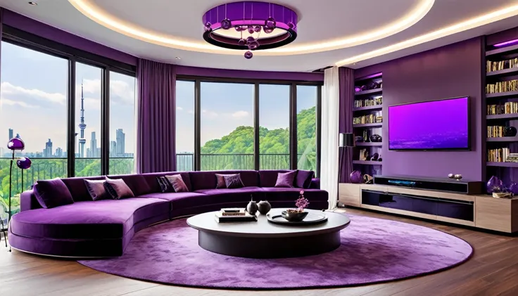 Design a luxurious and modern purple living room with high ceilings and a sophisticated aesthetic. The room features a large sectional purple sofa with a mix of purple neutral and dark pillows, a stylish round coffee table, and a sleek entertainment center...