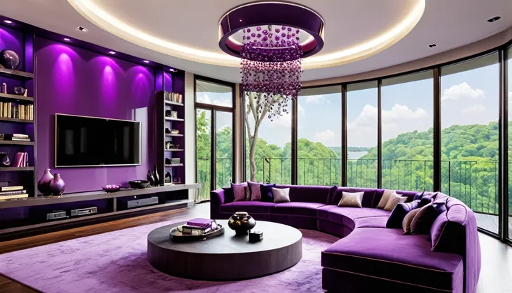 Design a luxurious and modern purple living room with high ceilings and a sophisticated aesthetic. The room features a large sectional purple sofa with a mix of purple neutral and dark pillows, a stylish round coffee table, and a sleek entertainment center...