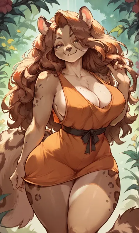 female anthro Snow leopard,Brown long fluffy hair, fluffy hair, squirrel ears, hyena, big breasts, attractive, summer dress, thicc body, thicc body, thicc, freckles, freckles on face, neutral expression, smug eyes, she is standing (thick thighs:1.5) focus ...