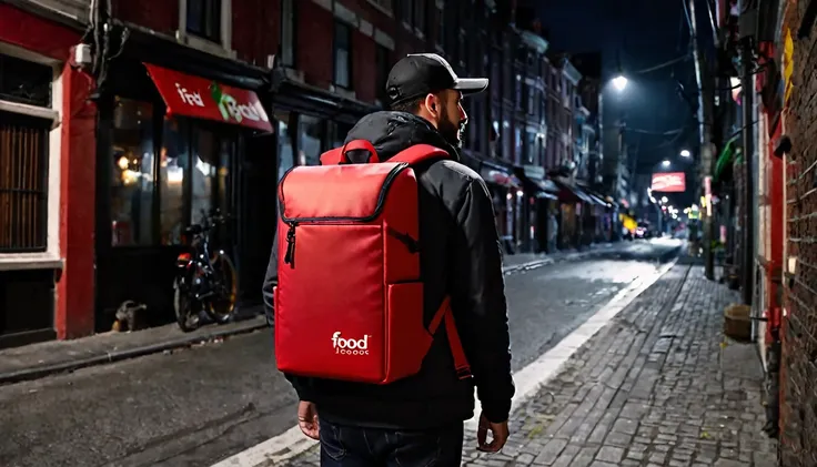 Ifood delivery man, large Ifood thermal backpack on his back, he has his back to the camera, right corner of the screen, sinister night, dark street, suspenseful atmosphere