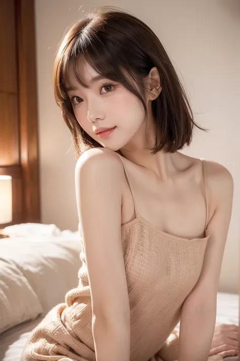 (((Straight, shoulder-length, brown mini bob)))、(((目が細くLight eye makeup)))、((Her Room)), Half Japanese and half Korean、25-year-old woman、independent、cute,beautiful, fun、(((Embarrassing, blush))), Light eye makeup、Brown Hair Color, 平均的なbeautiful女性, Ultra-re...