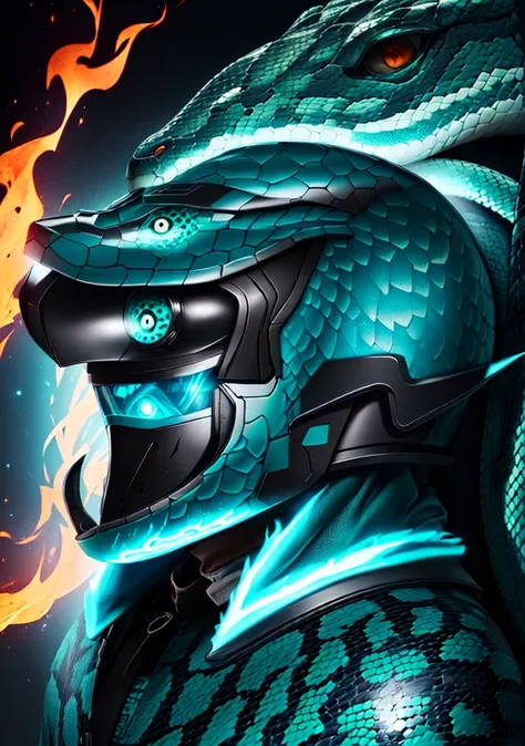 Helmet Large snake head with eyes on fire, indigenous human face, teal scales, human eyes on fire