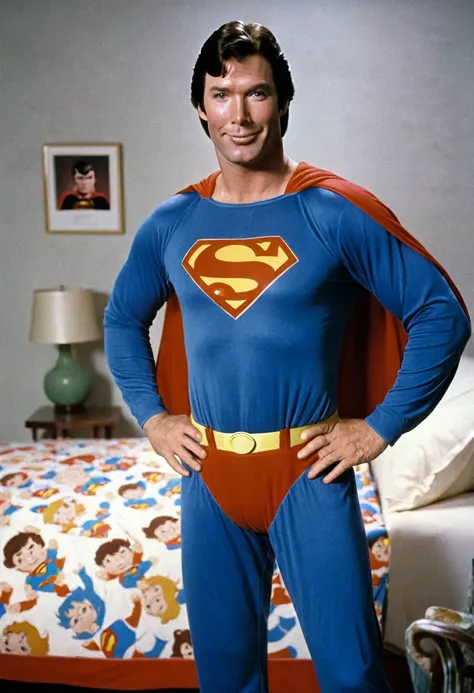 A Christopher Reeves Superman, wearing a Pijama with Chuck Norris Faces, Smirking