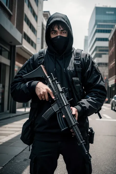 man in hood armed with bottomless ak 47