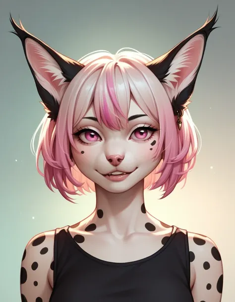 , score_9,score_8_up,score_7_up, source_cartoon, an Anthro furry albino lynx girl, white furry body, black lynx spots, black ear tips, short white hair with pink tips on hair, pink highlights in hair, pink eyes, wearing pink and white parka, black short sh...