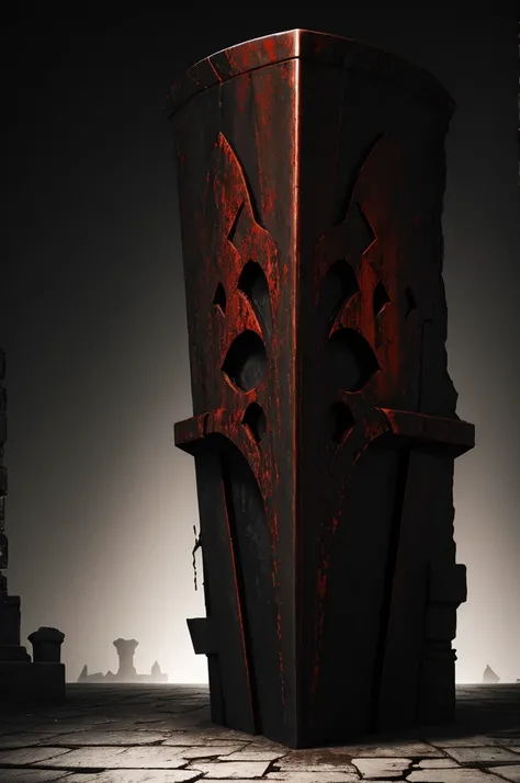 rusty daedric long bloody metal sarcophagus with a scratched image of a heaven on the metal surface, heaven is scratched with rough movements, many cracks and chips, dark black background, red ominous light, top view, view distance, few colours, distorted ...