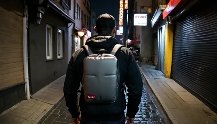 Ifood delivery man, large Ifood thermal backpack on his back, he has his back to the camera, right corner of the screen, sinister night, dark street, suspenseful atmosphere