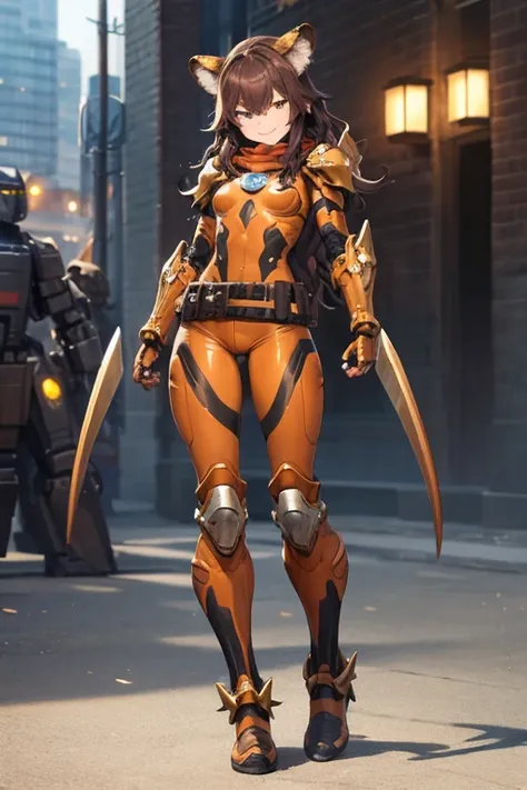 ((best quality)), ((masterpiece)), (detailed), 1 girl, full body, 20s, young adult, brown aviator helmet, spiked helmet, evil smile, metallic pixie ears, long white scarf, gremlin, wavy brown hair with a lock, brown neck, somewhat short, very thin, hunched...