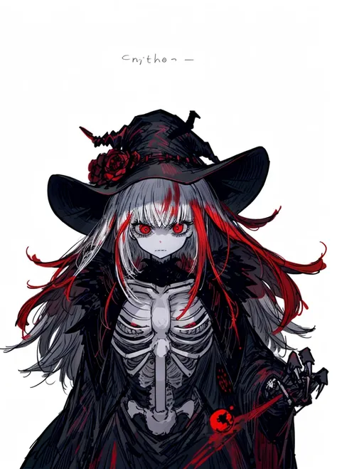 skeleton, white hair, red eyes, skeleton, bone girl, witch, beautiful clothes, (high resolution, high detail, best quality), ang...