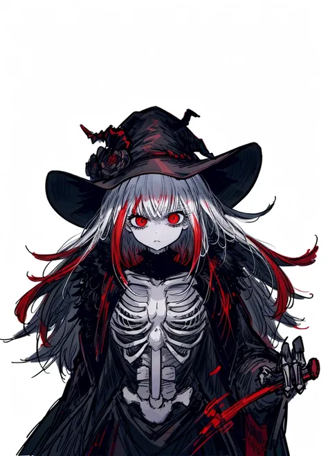 skeleton, white hair, red eyes, skeleton, bone girl, witch, beautiful clothes, (high resolution, high detail, best quality), angry