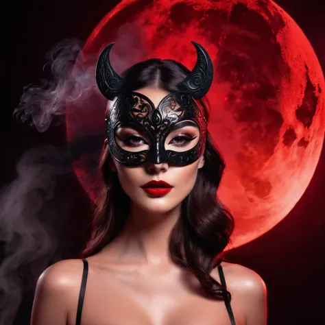 woman with a sensual mask, fashion sexy, black moon background, 8K, red light, smoke