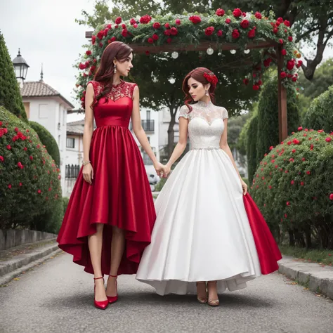 Vestido de dama de honor color rojo con 💐 zapatillas de cristal en tonos calidos y carruaje de caballos blanco con coletas rojas