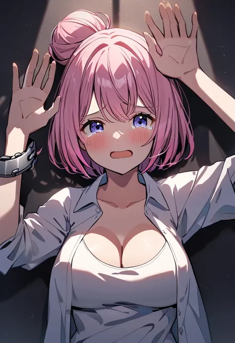 One Girl, Yuigahama Yui, , short hair, Pink Hair, Hair Bun, (Large Breasts), 
(Highest quality, High resolution, 4K, Detailed lighting, Shaders), 

Chained, 
Are crying, Raise the hand,  
Concrete Background, Lie in, 

, Open shirt, Upper Body,