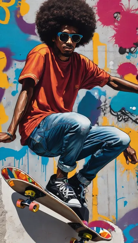 spanish male with an afro skateboarding on a concrete ledge, graffiti, detailed, artwork by Louella Pettway

s