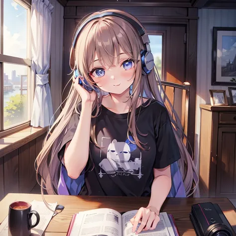 Masterpiece, 4K, best quality, One 20 years old girl, solo, has Blue eyes, beautiful eyes, has Brown long hair, wears Purple T-shirt and farmer jeans, in the bedroom, sitting on a chair, in front of the table, wears black headphones on her head, listen mus...