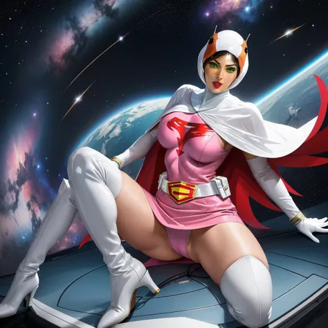 ANI_CLASSIC_jun_gatchaman_ownwaifu,1girl, 15yo,good anatomy, masterpiece, best quality,realistic, hyperrealistic, 16k hdr, long hair,breasts,green eyes,lips,large breasts,lipstick,makeup,gloves,cape,helmet,belt,elbow gloves,white gloves,mask,ultra miniskir...