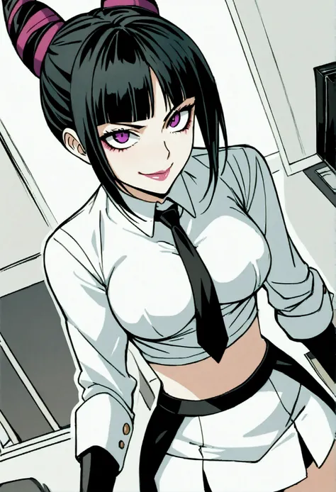 Juri Han, artwork, tight white secretary shirt with black tie, black high waist skirt, Short skirt,media, black fur, black stockings,office,bangs in the eyes,bravo,
,evil smile
