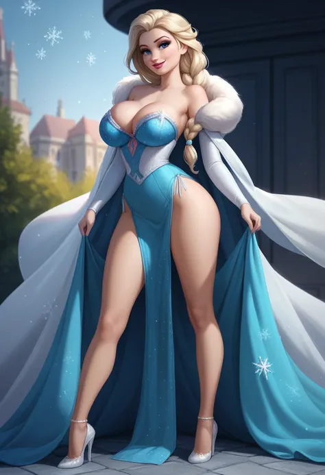 masterpiece,best quality, highly detailed, score_9, score_8_up, score_7_up, score_6_up,source_Anime,BREAK
elsa, 1girl, elsa (frozen), solo, blue eyes, blonde hair, long hair, skimpy dress, huge breasts, bouncy breasts, makeup, freckles, smile, full lips, l...