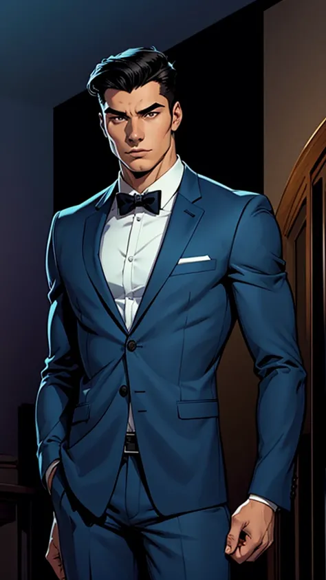 21-year-old man , middle black hair, muscular, elegant blue suit, COMIC STYLE