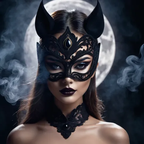 woman with a sensual mask, sexy, black moon background, 8K, dark light, with smoke
