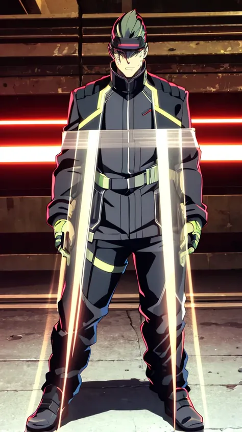 Male, fully cybernetic, full borg, military special forces cyborg, wearing futuristic armored camouflage tactical trenchcoat, cybernetic body and fully cybernetic head, head and face covered by full-face tactical visor, full body shot, fully in frame, stan...