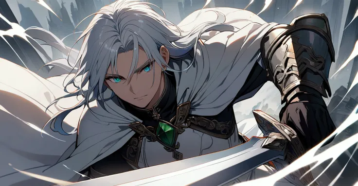 A man with long silver hair, wearing a white cloak with black details, blue and green eyes, holding a sword and shield