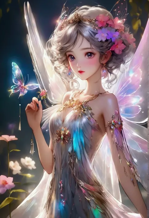 Flower fairy, Transparent colorful wings, Magic wand，China-style，8K，Light mature style，The eyes are melancholy，anatomy correct，Tears in the eyes，Feminine background