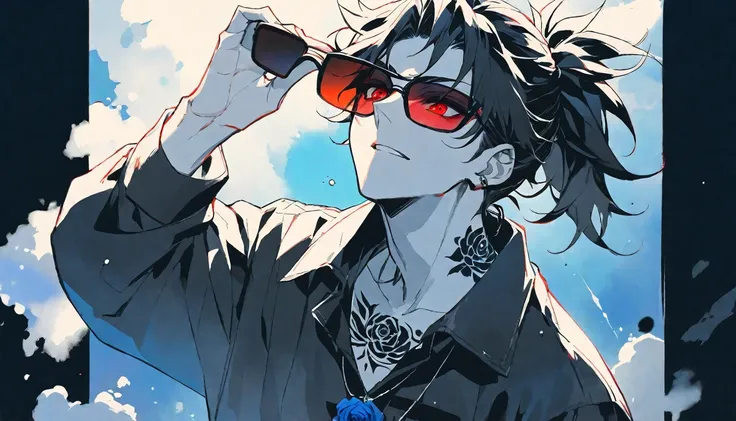 Solo,handsome, monochrome,watercolor,1 male, Ponytail, Braided black hair, red eyes, Gojo Satoru,casual,Blue Rose Tattoo,black Oversized 服,casual,Stylish,cool,Wear sunglasses around your neck,Void,look up,
blackbackground,İcon,Despise face up,Blue Sky