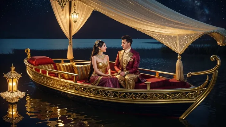 Fantasy art creation: an image of two hyperrealistic anthropomorphic otters, sparkly amber eyes, dressed in elegant wedding attire, facing each other, sitting in an ornate half-shell boat floating on water, a half shell gold and glass intrictae fan behind ...