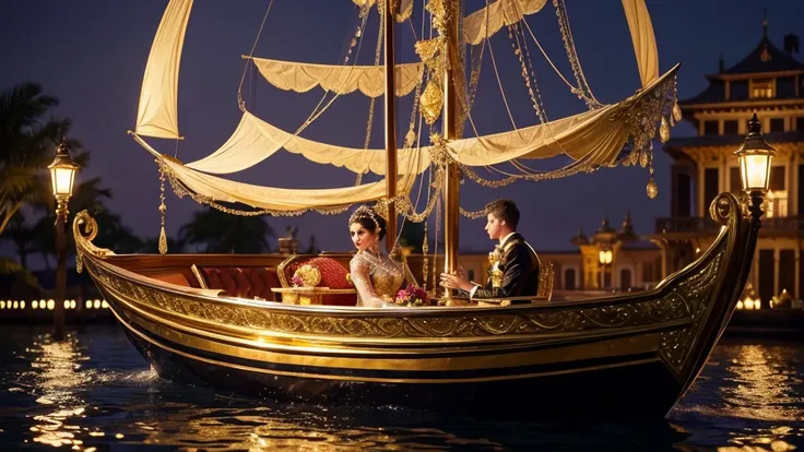 Fantasy art creation: an image of two hyperrealistic anthropomorphic otters, sparkly amber eyes, dressed in elegant wedding attire, facing each other, sitting in an ornate half-shell boat floating on water, a half shell gold and glass intrictae fan behind ...