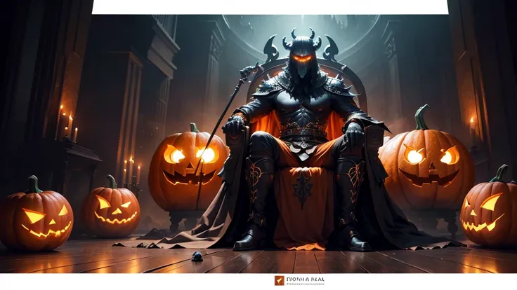 (ultra high quality) (4k) (perfect details) A Monster with a pumpkin head sitting on a throne, he is surrounded by immense darkness where nothing can be seen other than the fog, he has an Orange staff that has so much power, that only he is able to hold