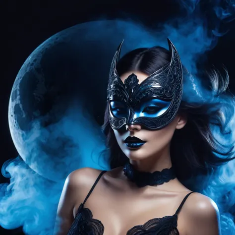 woman with a sensual mask, fashion sexy, black moon background, 8K, blue light, with smoke