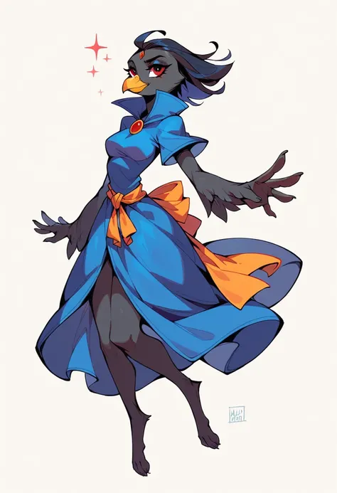 Ultra Quality, Vivid Colors 2D Art Style, An Anthropomorphic Female Raven, She Has Soft Black Fur, She Has A Blue Band Tied On Her Forehead, She Has A Long Yellow Beak, She Has Hands Of Anthropomorphic Birds, She Has Red Eyes, She Is Wearing A Blue Medieva...