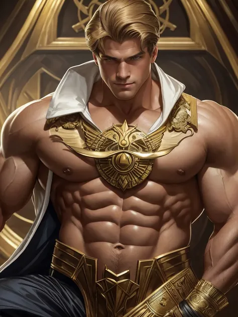 llustration in Leyendecker style :ealistic style, erotic, young Walter von Schönkopf ( Legend of the Galactic Heroes ) face, very gigantic-bodybuilder, bodybuilding poses, 240-inches-biceps, shy smile, random places, trending on artstation, sharp focus, st...