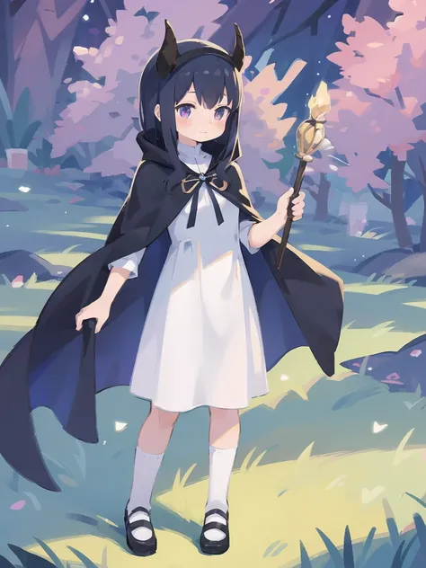 a cartoon image of a girl in a blue cape and white dress, an anime drawing by Jin Homura, pixiv, anime style like fate/stay night, black hair, goat horns, standing, full body