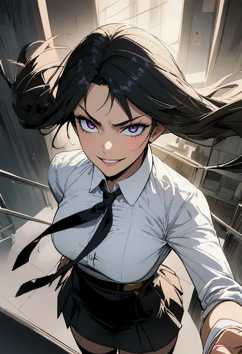 Juri Han, artwork, tight white secretary shirt with black tie, black high waist skirt, Short skirt,media, black fur, black stockings,office,bangs in the eyes,bravo,
,evil smile
