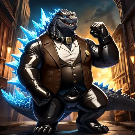 Solo, Male, fat, extremely obese, gentleman, dapper Professor Godzilla, blue eyes, (posing:1.3), (soft shading), 4k, hi res, ((detailed face, detailed)), looking at viewer, mouth wide open, steampunk, collared shirt with buttons, top hat, male focus, Explo...