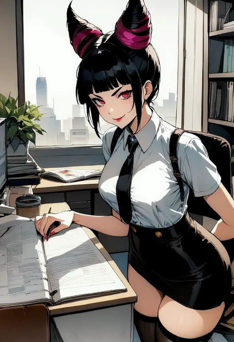 Juri Han, artwork, tight white secretary shirt with black tie, black high waist skirt, Short skirt,media, black fur, black stockings,office,bangs in the eyes,bravo,
,evil smile
