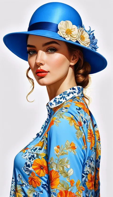 create a woman with blue elegant hat ,with flower shirt, Masterpiece, estilo illustration de Ali Erturk, high detail, hyperrealistic, natural light,illustration , Bright colors
