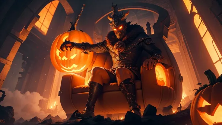 (ultra high quality) (4k) (perfect details) A Monster with a pumpkin head sitting on a throne, he is surrounded by fog and is on top of a fabulous castle, the castle shines like the stars and has an orange color, he has an orange staff that has so much pow...